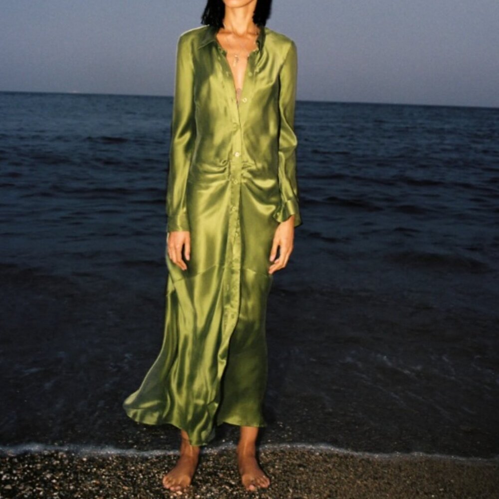 Silk Laundry Olive Green Button Down Dress (Size M)